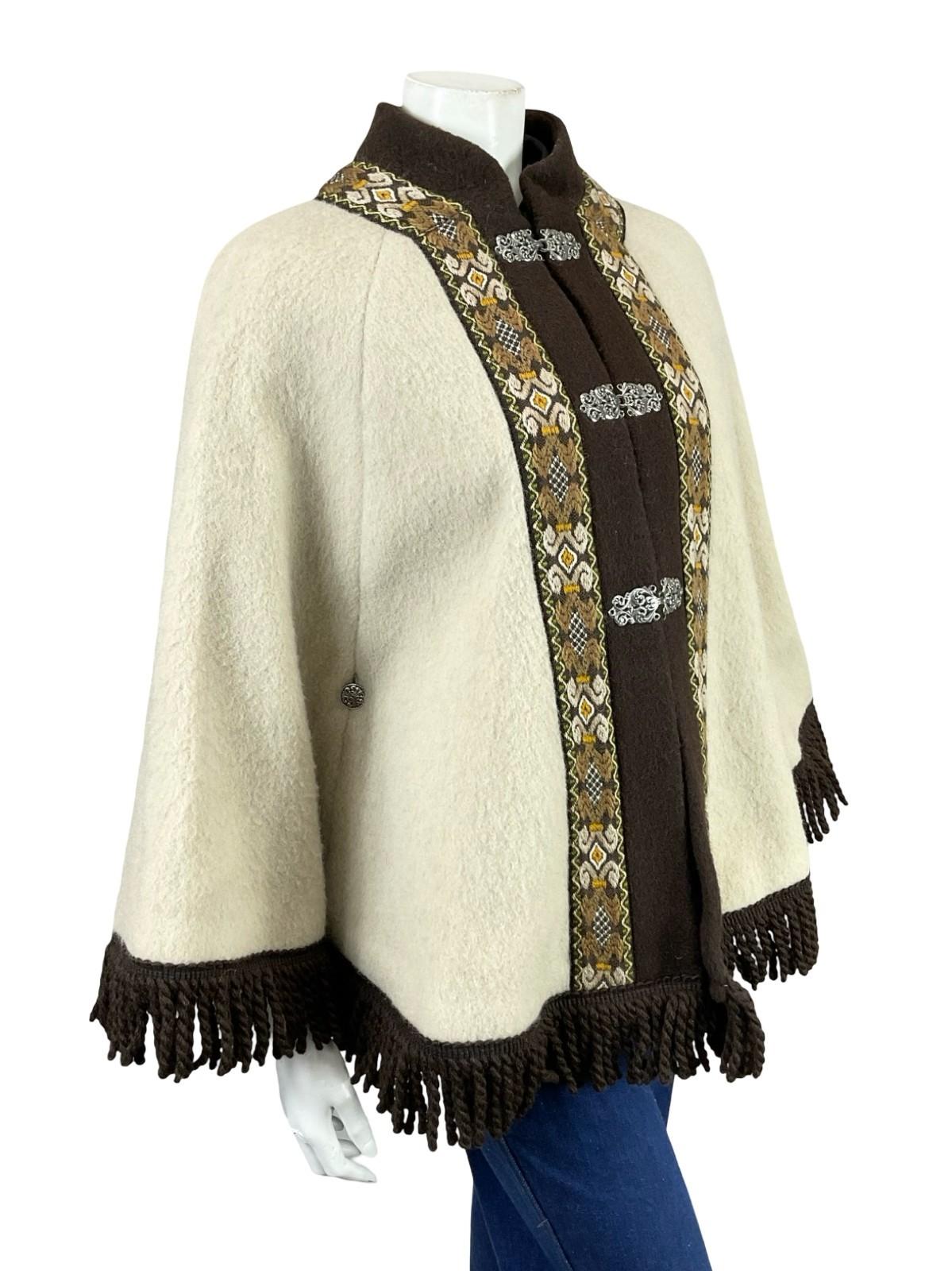 VTG 60S 70S CREAM BEIGE BROWN NORDIC WOOL FELT FRINGE BOHO FOLK CAPE 6 8 10 S
