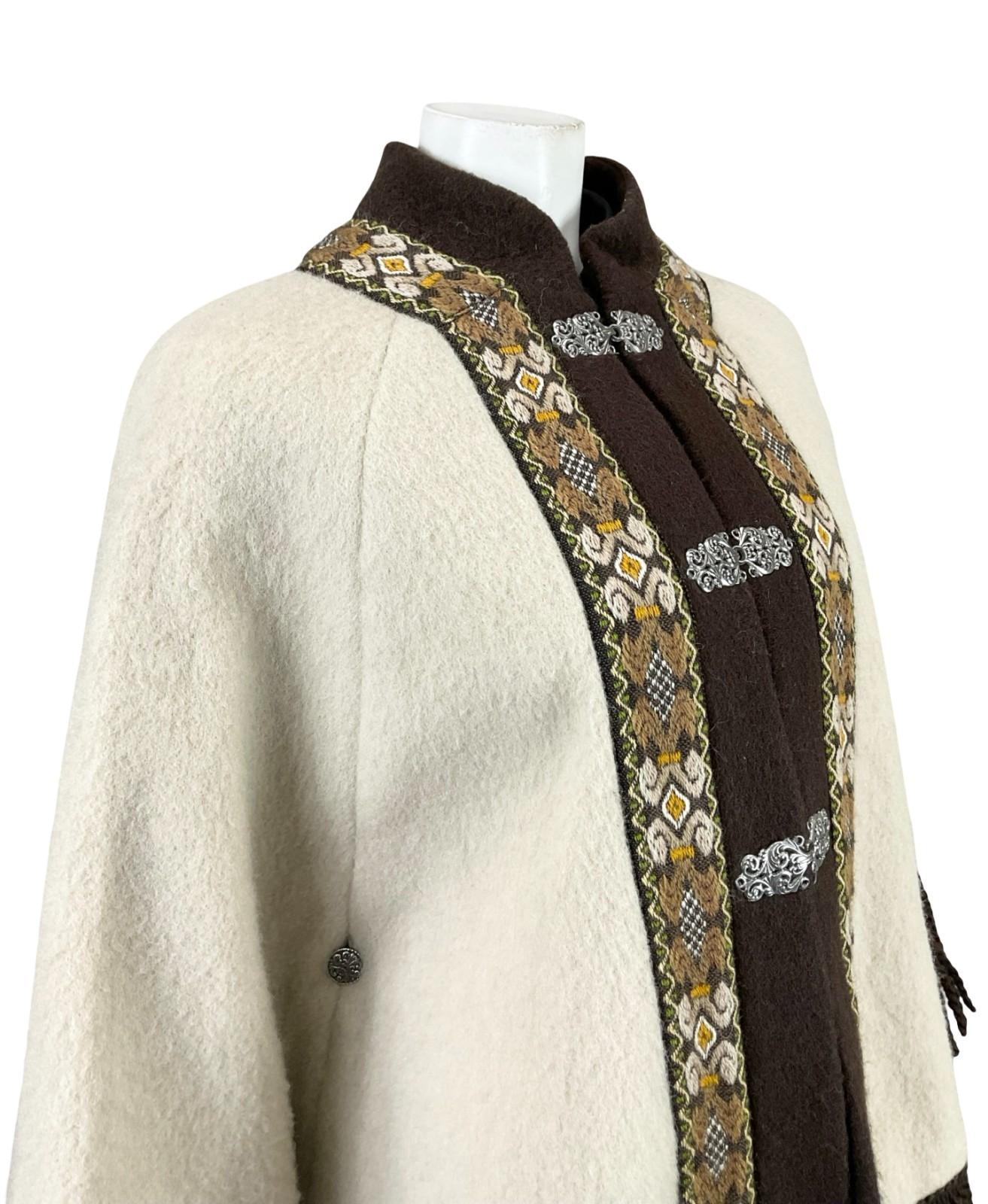 VTG 60S 70S CREAM BEIGE BROWN NORDIC WOOL FELT FRINGE BOHO FOLK CAPE 6 8 10 S