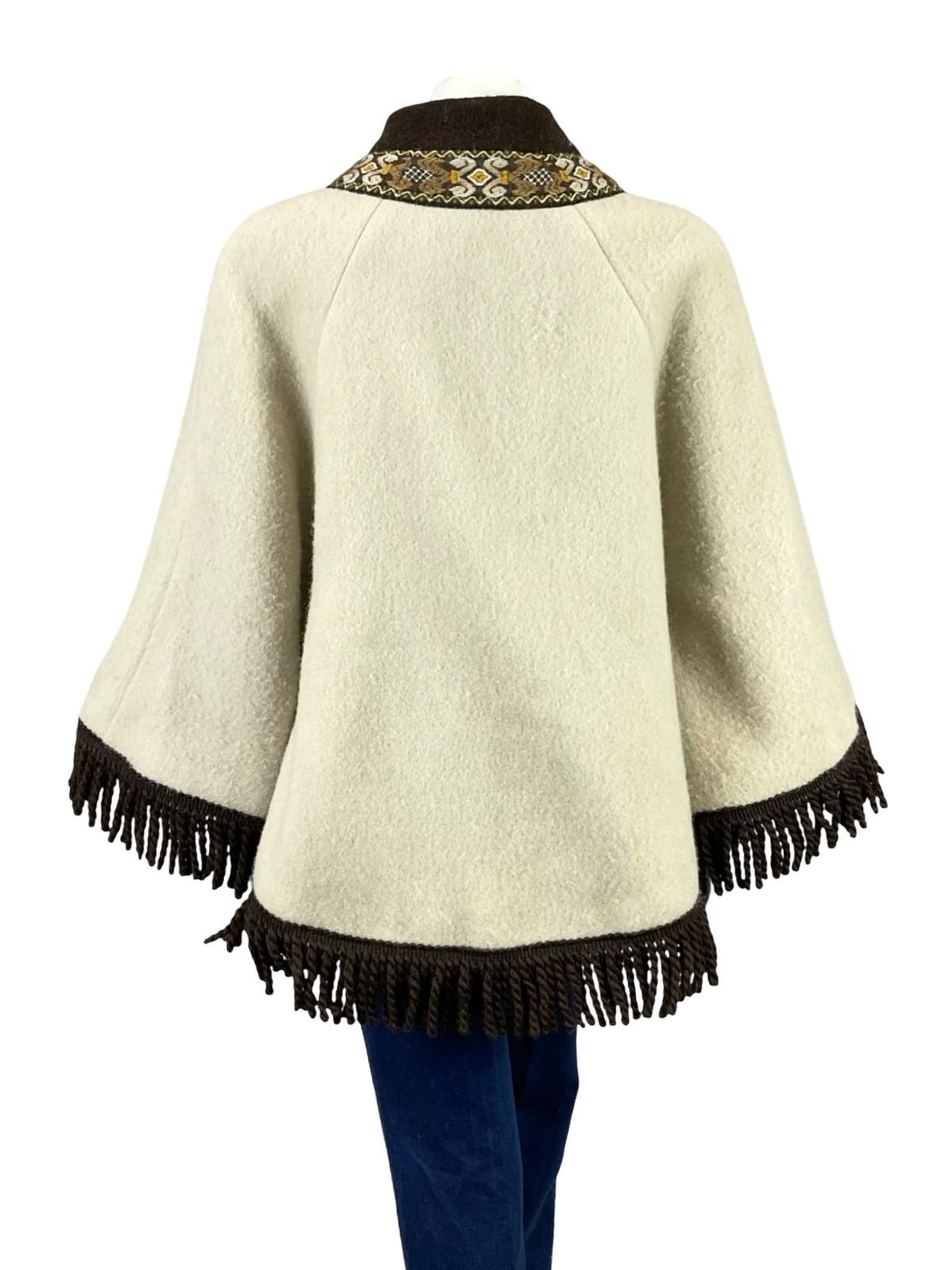 VTG 60S 70S CREAM BEIGE BROWN NORDIC WOOL FELT FRINGE BOHO FOLK CAPE 6 8 10 S