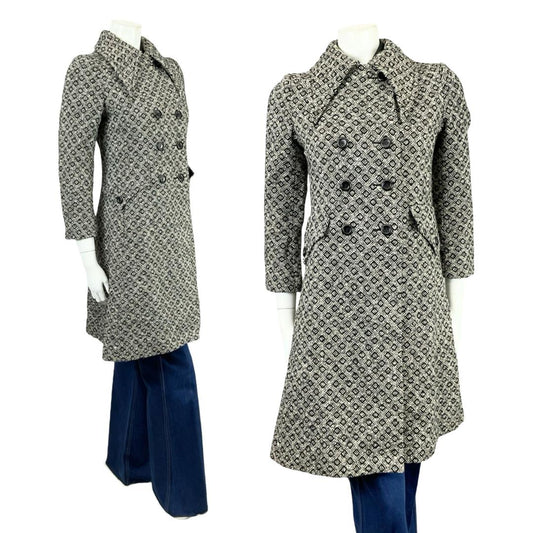 VTG 60S 70S BLACK WHITE MOD GEOMETRIC DIAMOND DAGGER COLLAR DOUBLE BREAST COAT 8