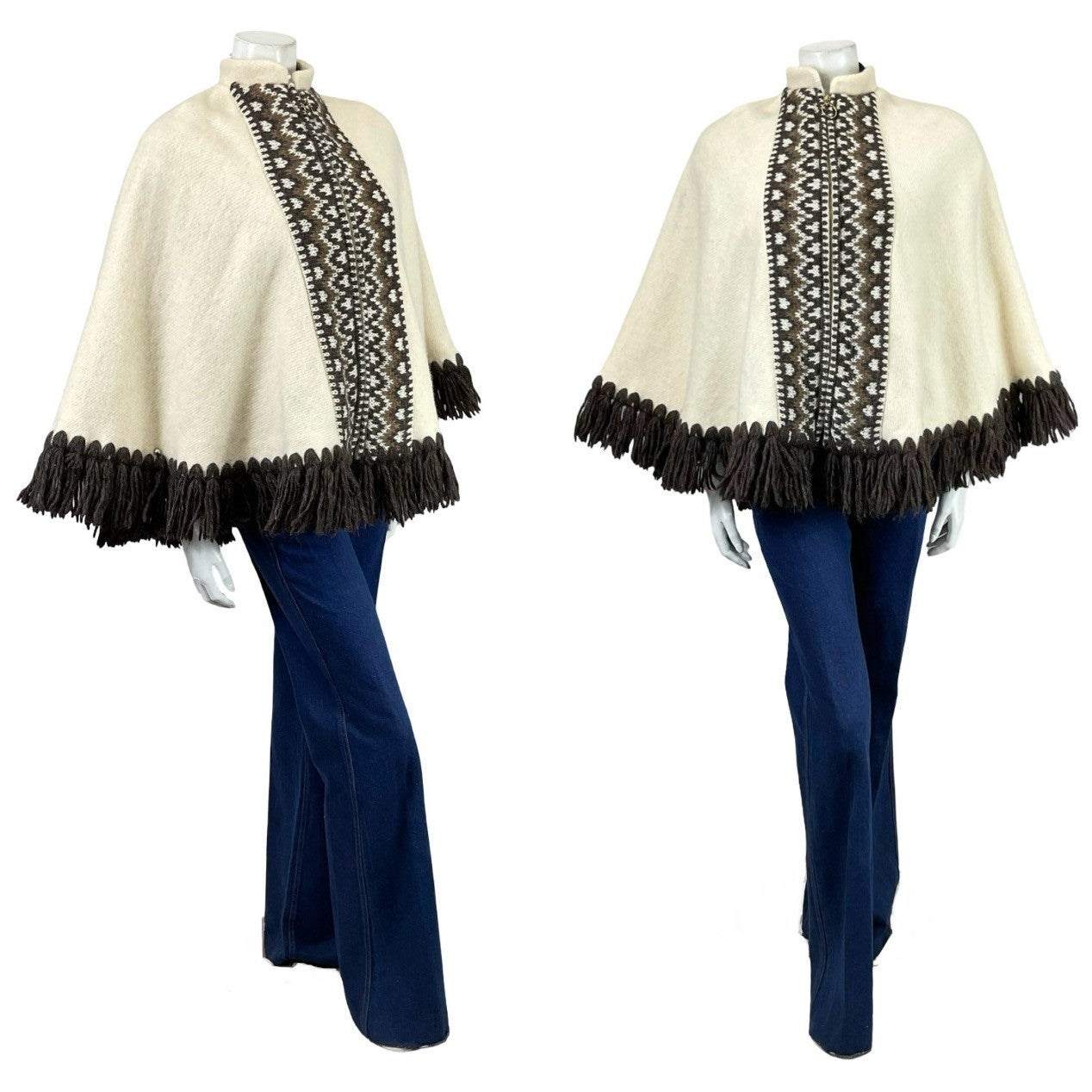 Shrinking Violets vintage cream and brown nordic folk geometric trim wool felt cape with mandarin collar and fringe on a white mannequin wearing blue flared jeans 