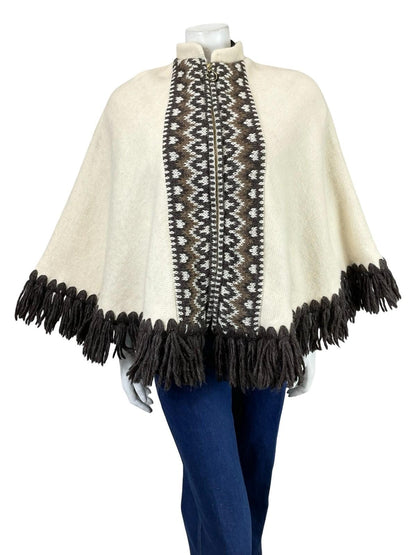 VTG 60S 70S CREAM BROWN ICELANDIC WOOL GEOMETRIC FRINGE MANDARIN CAPE 6 8