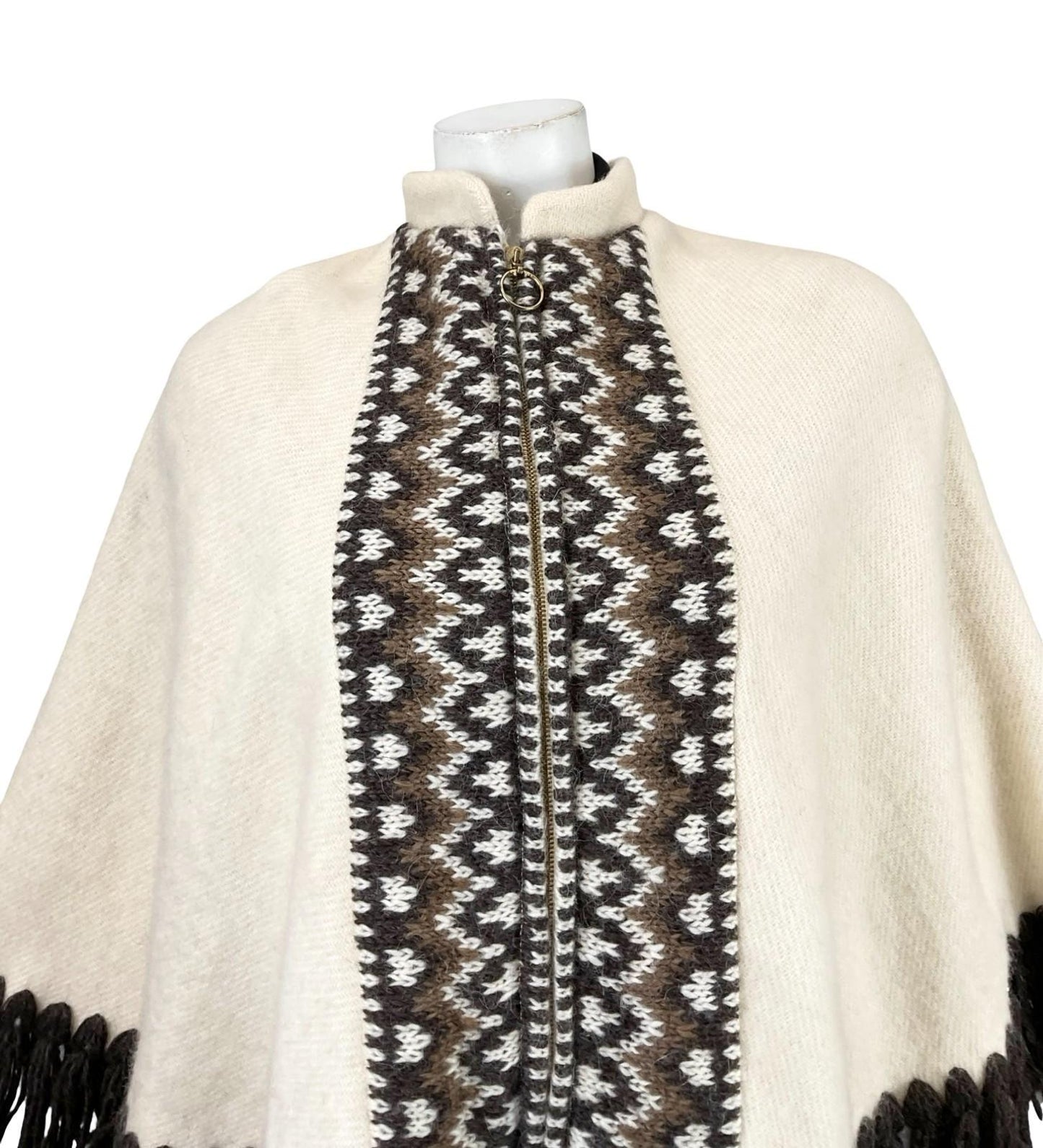 VTG 60S 70S CREAM BROWN ICELANDIC WOOL GEOMETRIC FRINGE MANDARIN CAPE 6 8
