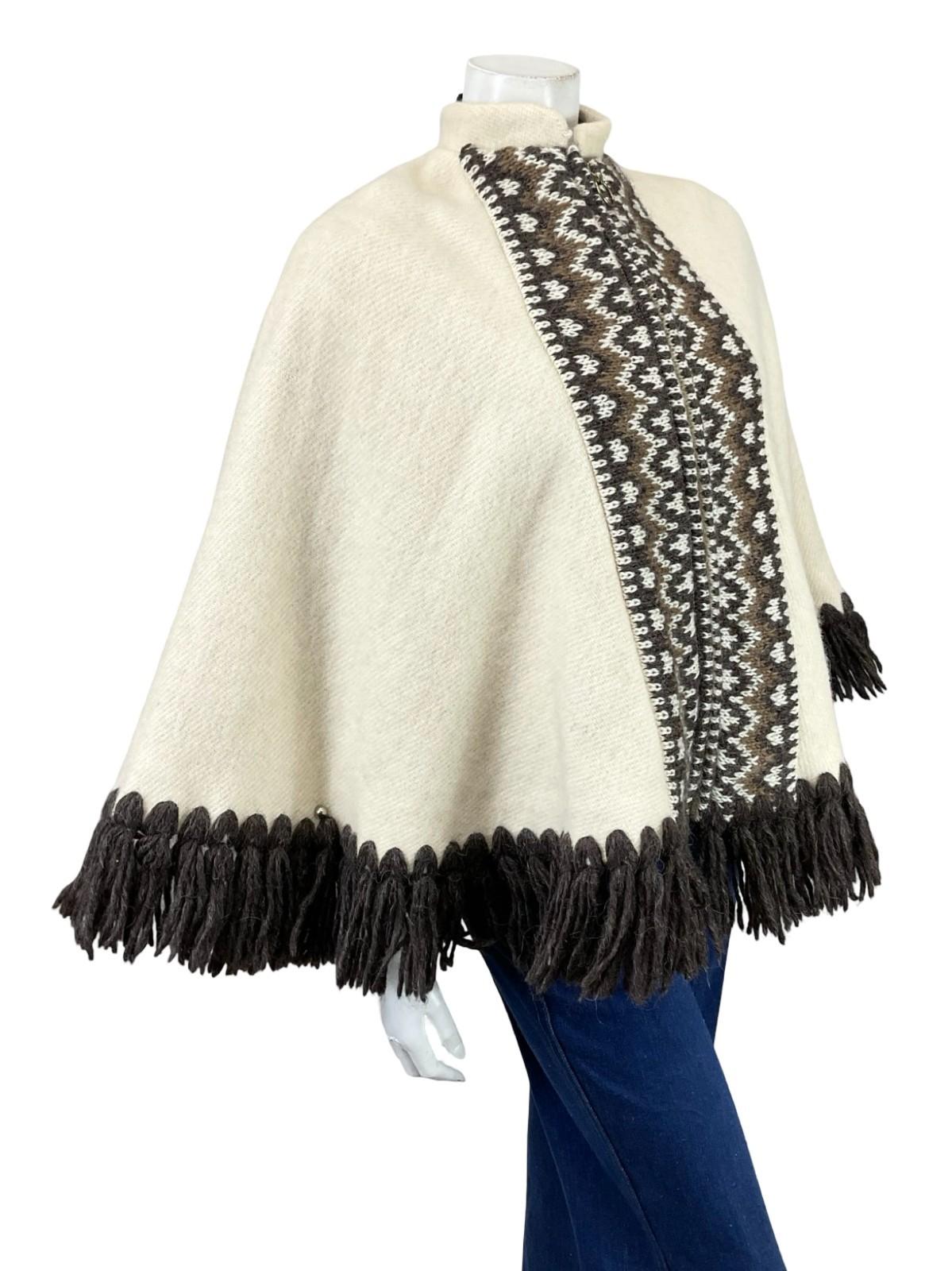 VTG 60S 70S CREAM BROWN ICELANDIC WOOL GEOMETRIC FRINGE MANDARIN CAPE 6 8