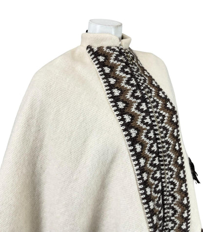 VTG 60S 70S CREAM BROWN ICELANDIC WOOL GEOMETRIC FRINGE MANDARIN CAPE 6 8