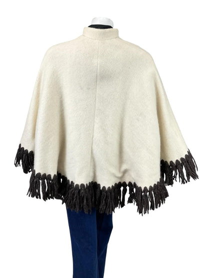 VTG 60S 70S CREAM BROWN ICELANDIC WOOL GEOMETRIC FRINGE MANDARIN CAPE 6 8