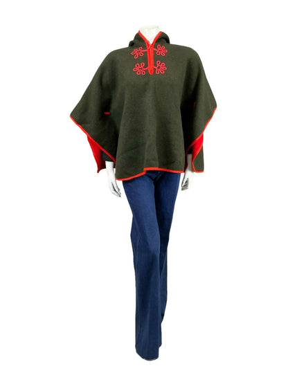 VTG 60S 70S BLACK BROWN BRIGHT RED HIPPY EMBROIDERED WOOL FELT HOODED CAPE 10