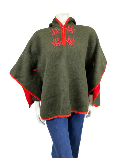 VTG 60S 70S BLACK BROWN BRIGHT RED HIPPY EMBROIDERED WOOL FELT HOODED CAPE 10