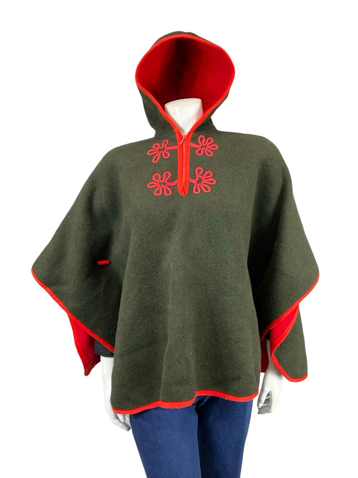 VTG 60S 70S BLACK BROWN BRIGHT RED HIPPY EMBROIDERED WOOL FELT HOODED CAPE 10