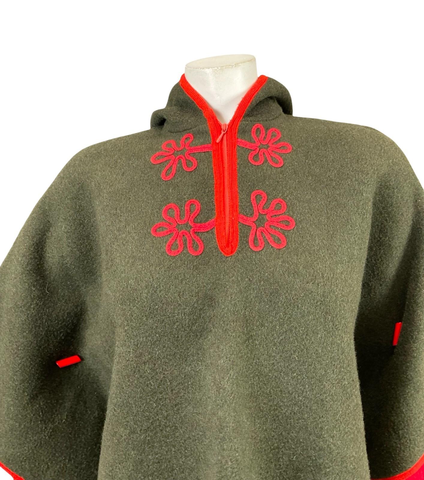 VTG 60S 70S BLACK BROWN BRIGHT RED HIPPY EMBROIDERED WOOL FELT HOODED CAPE 10