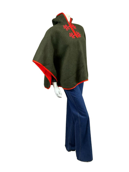 VTG 60S 70S BLACK BROWN BRIGHT RED HIPPY EMBROIDERED WOOL FELT HOODED CAPE 10
