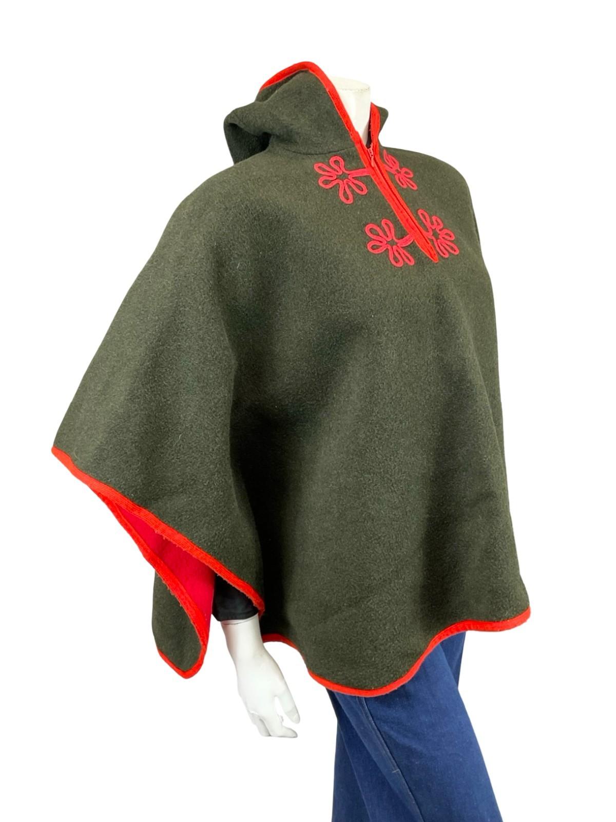 VTG 60S 70S BLACK BROWN BRIGHT RED HIPPY EMBROIDERED WOOL FELT HOODED CAPE 10