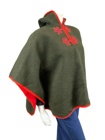 VTG 60S 70S BLACK BROWN BRIGHT RED HIPPY EMBROIDERED WOOL FELT HOODED CAPE 10