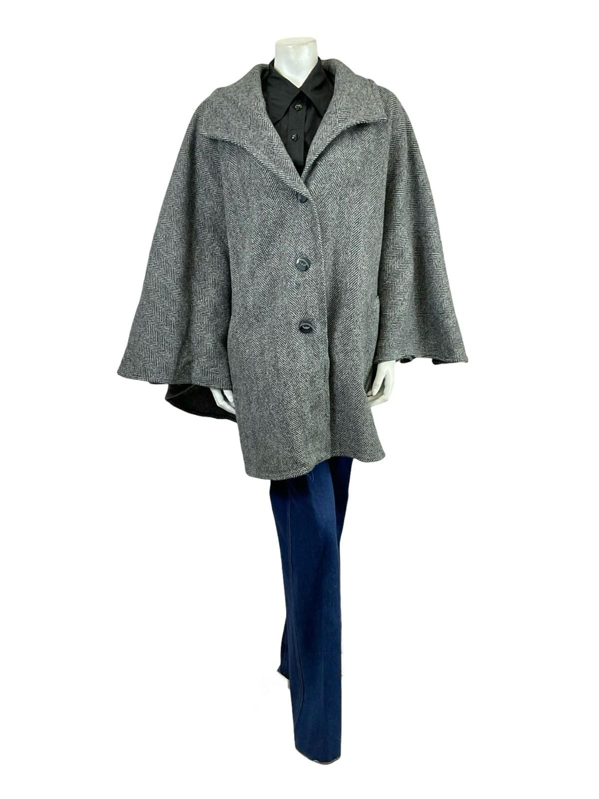 VTG 60S 70S CHARCOAL GREY WOOL CHEVRON ZIG ZAG CAPE W/ POCKETS 16 18 L