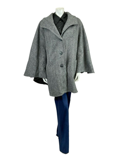 VTG 60S 70S CHARCOAL GREY WOOL CHEVRON ZIG ZAG CAPE W/ POCKETS 16 18 L