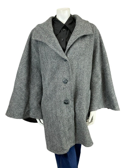 VTG 60S 70S CHARCOAL GREY WOOL CHEVRON ZIG ZAG CAPE W/ POCKETS 16 18 L