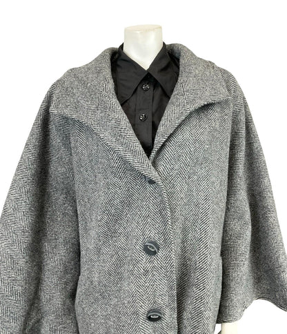 VTG 60S 70S CHARCOAL GREY WOOL CHEVRON ZIG ZAG CAPE W/ POCKETS 16 18 L