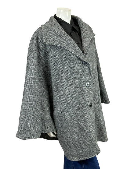 VTG 60S 70S CHARCOAL GREY WOOL CHEVRON ZIG ZAG CAPE W/ POCKETS 16 18 L