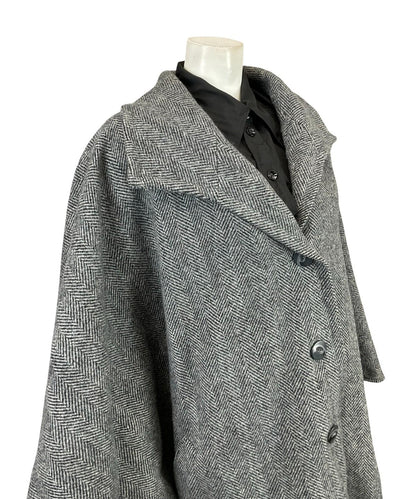 VTG 60S 70S CHARCOAL GREY WOOL CHEVRON ZIG ZAG CAPE W/ POCKETS 16 18 L