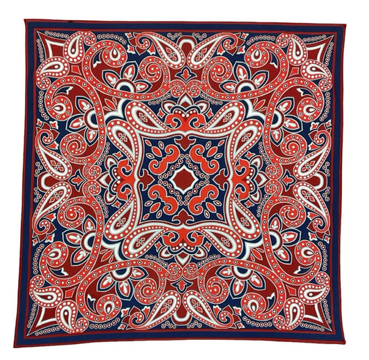 VTG 60S 70S NAVY BLUE RED GREY WHITE PAISLEY PSYCHEDELIC MANDALA SCARF