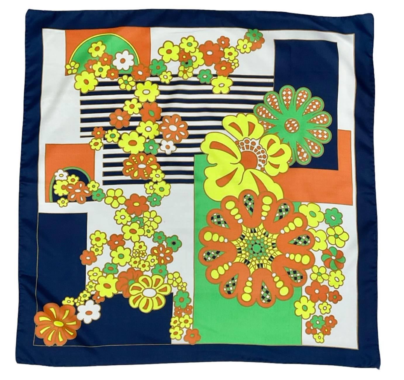 VTG 60S 70S NAVY BLUE WHITE YELLOW ORANGE GREEN FLORAL GEOMETRIC SCARF