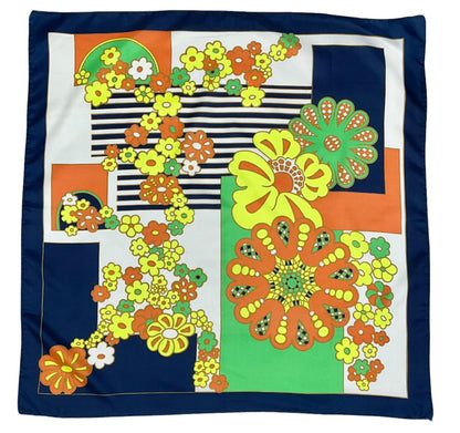VTG 60S 70S NAVY BLUE WHITE YELLOW ORANGE GREEN FLORAL GEOMETRIC SCARF