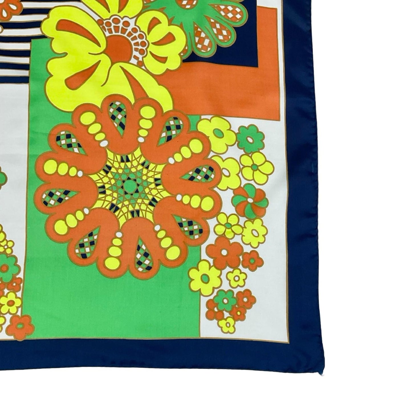 VTG 60S 70S NAVY BLUE WHITE YELLOW ORANGE GREEN FLORAL GEOMETRIC SCARF