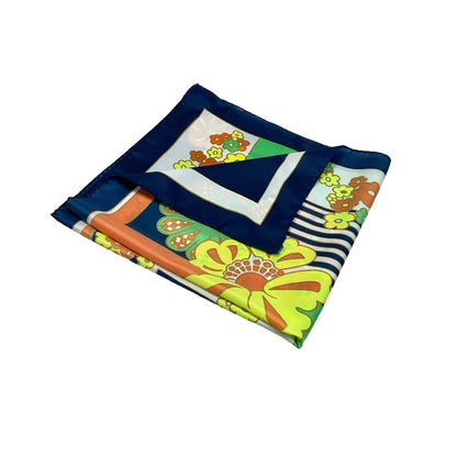 VTG 60S 70S NAVY BLUE WHITE YELLOW ORANGE GREEN FLORAL GEOMETRIC SCARF