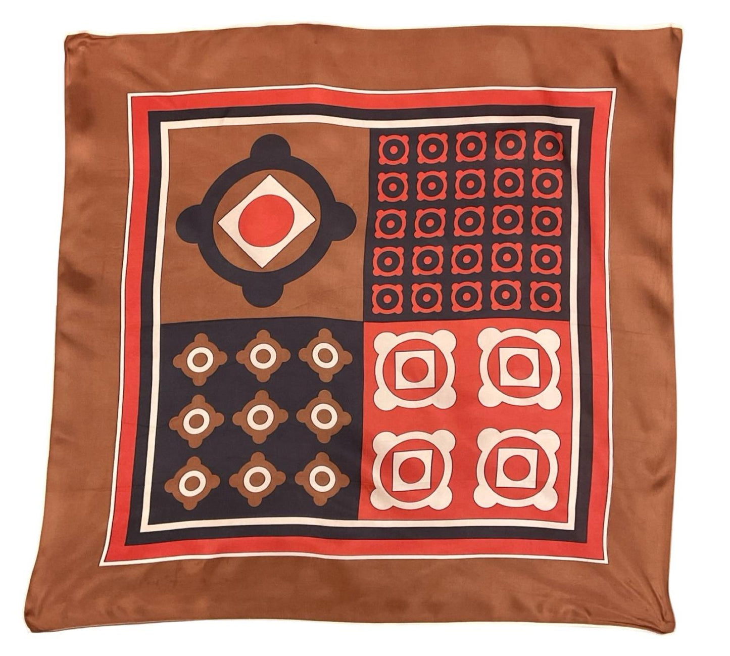 VTG 60S 70S BROWN CREAM RED BLACK GEOMETRIC TILE PRINT SCARF