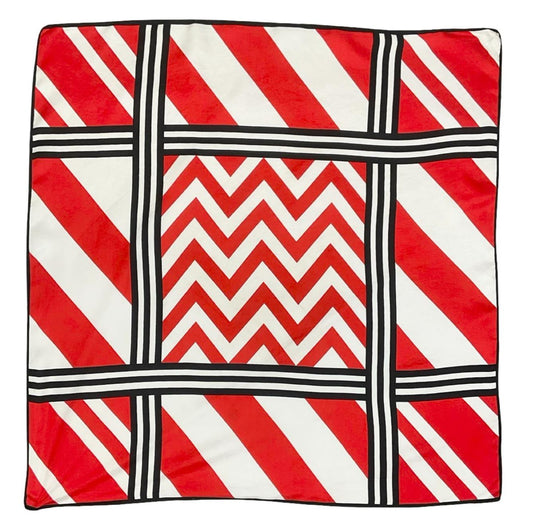 VTG 60S 70S MOD GEOMETRIC ZIG ZAG STRIPE GRID RED WHITE BLACK SCARF