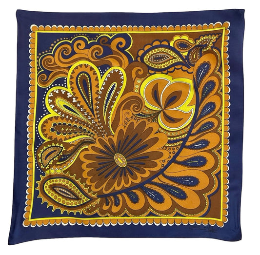 VTG 60S 70S NAVY BLUE YELLOW BEIGE BROWN WHITE PSYCHEDELIC SWIRL FLORAL SCARF