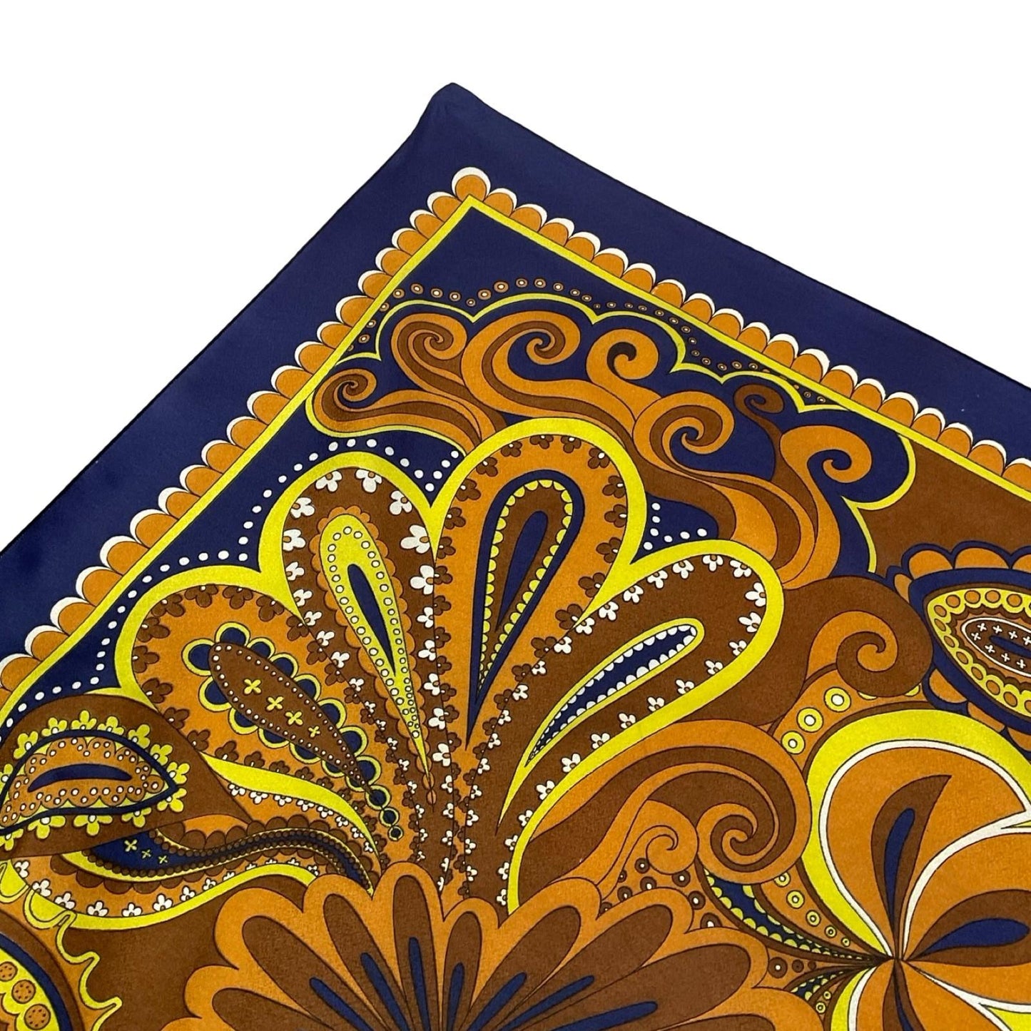 VTG 60S 70S NAVY BLUE YELLOW BEIGE BROWN WHITE PSYCHEDELIC SWIRL FLORAL SCARF