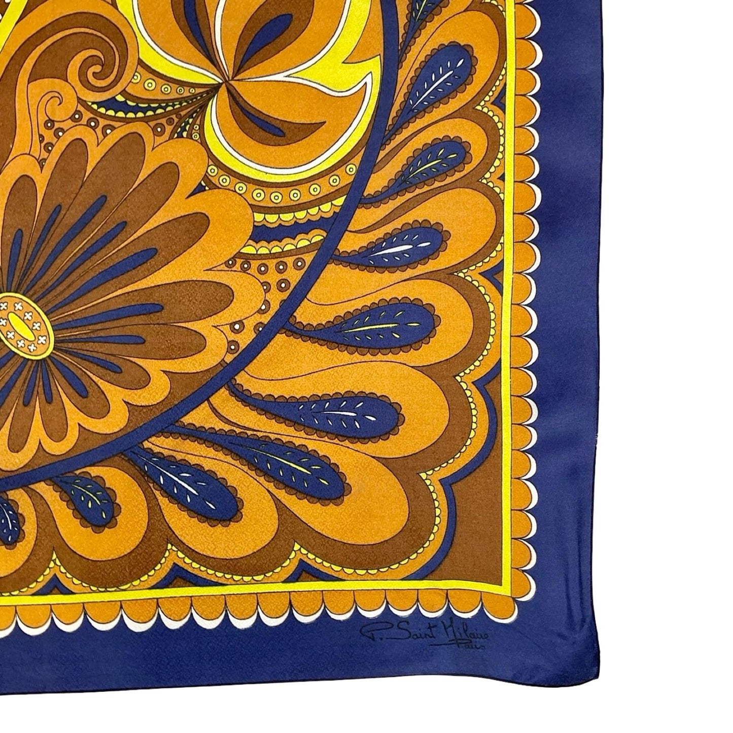 VTG 60S 70S NAVY BLUE YELLOW BEIGE BROWN WHITE PSYCHEDELIC SWIRL FLORAL SCARF