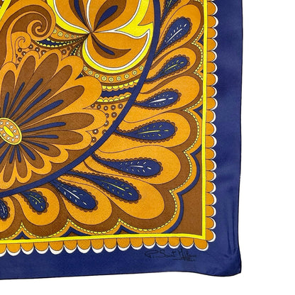 VTG 60S 70S NAVY BLUE YELLOW BEIGE BROWN WHITE PSYCHEDELIC SWIRL FLORAL SCARF