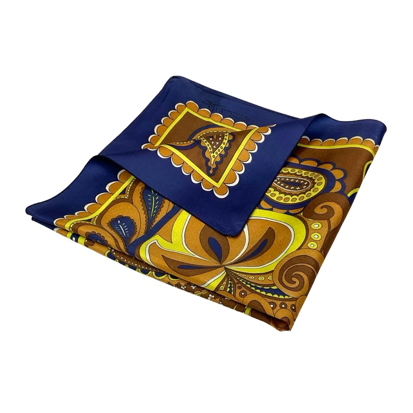 VTG 60S 70S NAVY BLUE YELLOW BEIGE BROWN WHITE PSYCHEDELIC SWIRL FLORAL SCARF