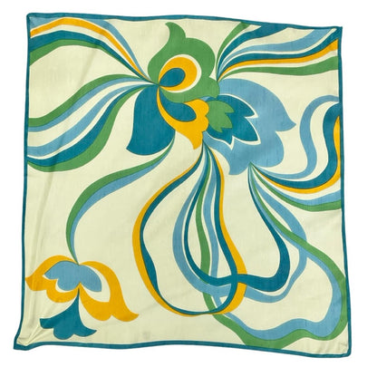 VTG 60S 70S CREAM BLUE YELLOW GREEN PSYCHEDELIC FLORAL WAVY SCARF