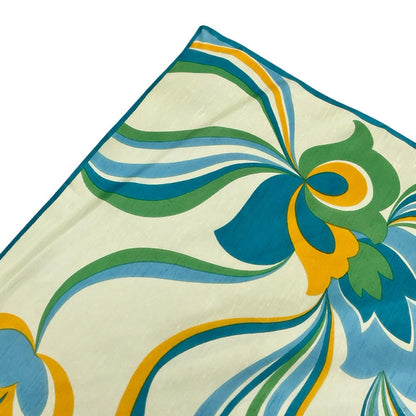 VTG 60S 70S CREAM BLUE YELLOW GREEN PSYCHEDELIC FLORAL WAVY SCARF