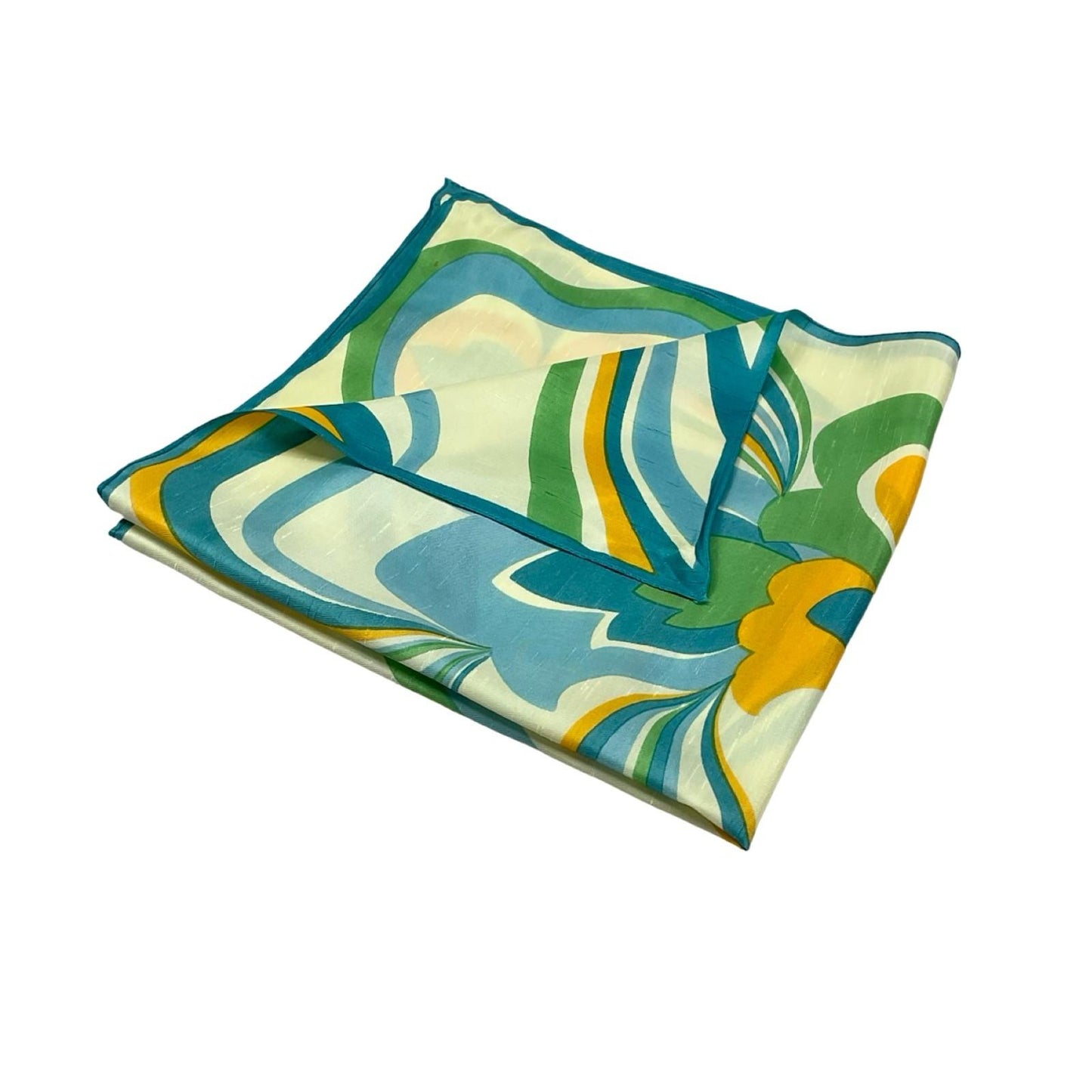 VTG 60S 70S CREAM BLUE YELLOW GREEN PSYCHEDELIC FLORAL WAVY SCARF
