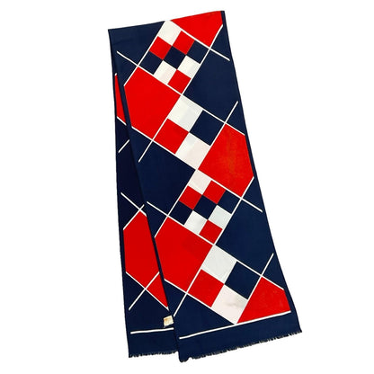 VTG 60S 70S NAVY BLUE WHITE RED MOD GOGO DIAMOND GEOMETRIC FRINGE SCARF