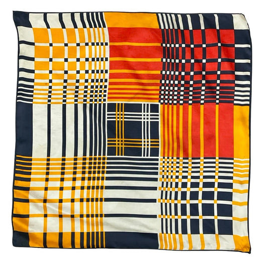 VTG 60S 70S MOD GEOMETRIC GRID YELLOW WHITE NAVY BLUE WHITE SCARF