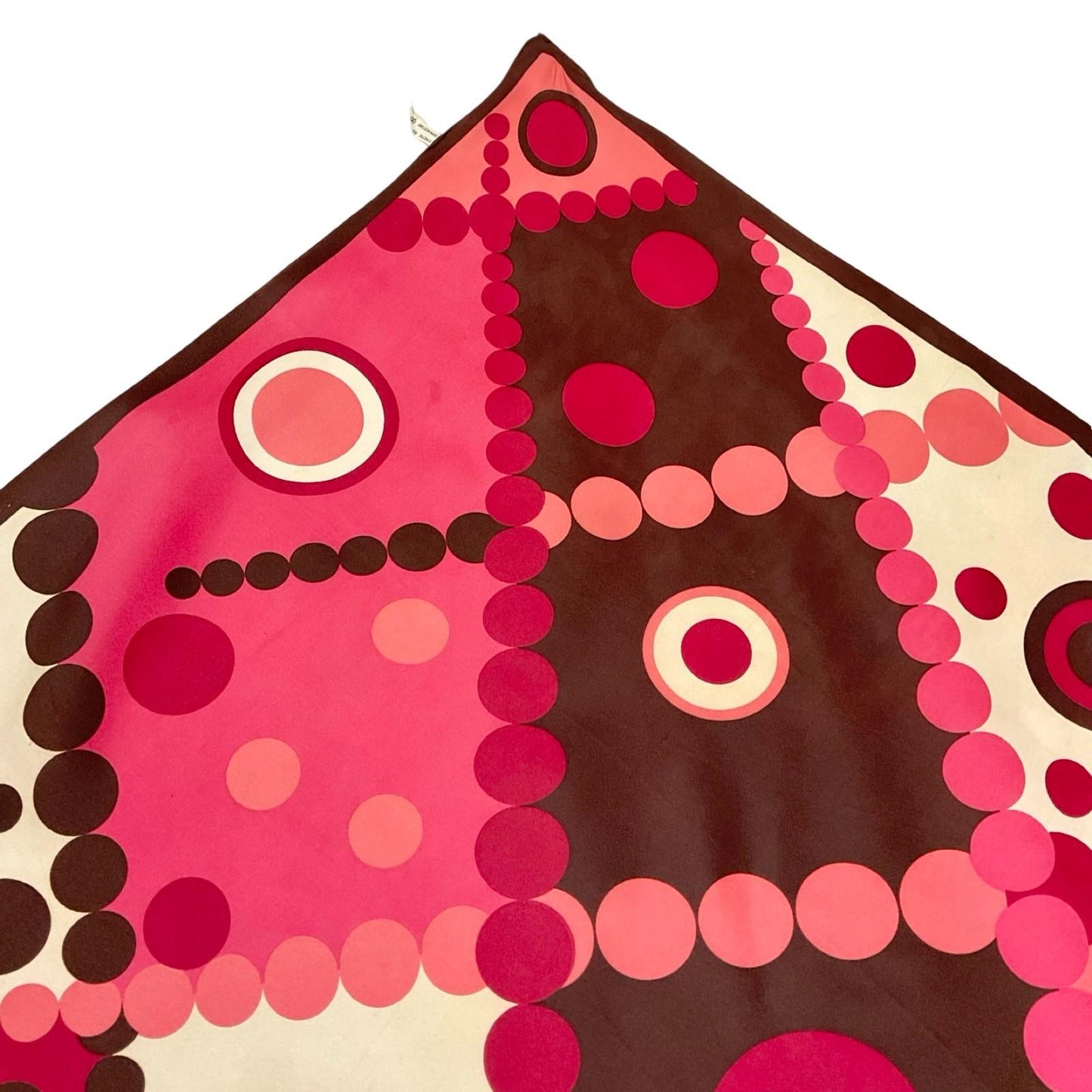 *VTG 60S 70S CREAM PINK BROWN MOD GEOMETRIC DOTTY CIRCLE SCARF