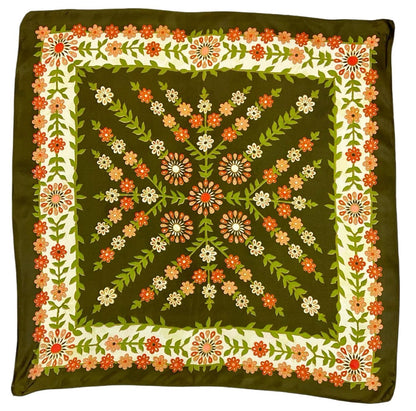 *VTG 60S 70S GREEN PINK RED CREAM FLORAL BOHO FOLK FLOWER POWER SCARF
