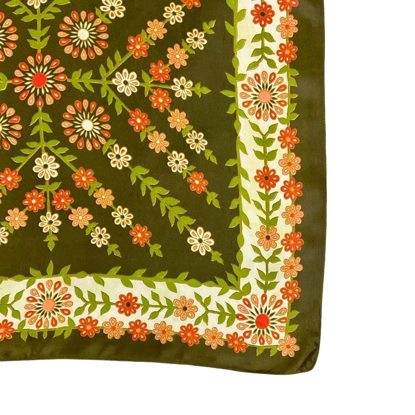 *VTG 60S 70S GREEN PINK RED CREAM FLORAL BOHO FOLK FLOWER POWER SCARF