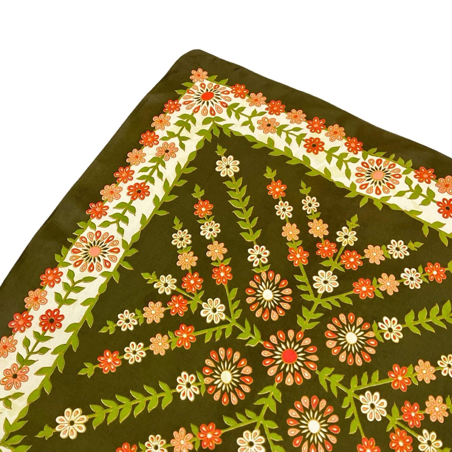 *VTG 60S 70S GREEN PINK RED CREAM FLORAL BOHO FOLK FLOWER POWER SCARF