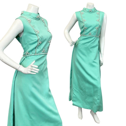 Shrinking Violets vintage 60s aqua green pearl beaded maxi dress on a white mannequin