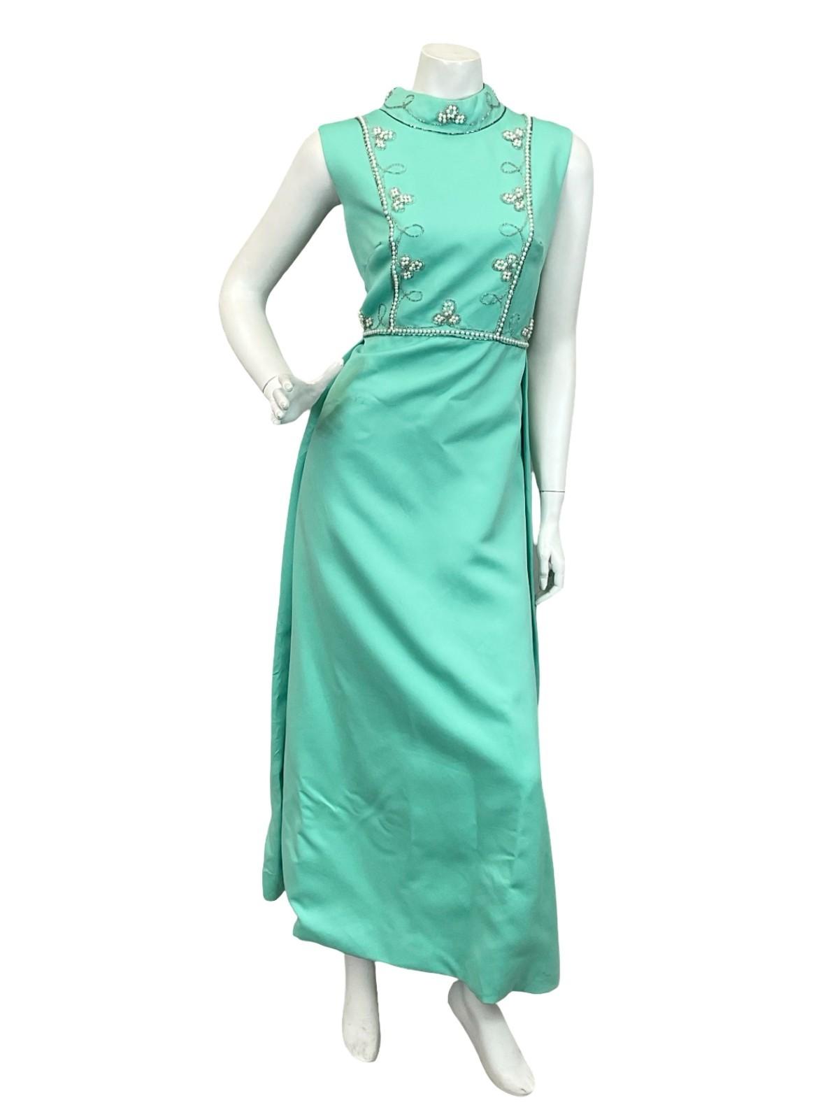 VTG 60S 70S MINT GREEN AQUA PEARL SILVER EMBELLISHED MOD EVENING MAXI DRESS 12