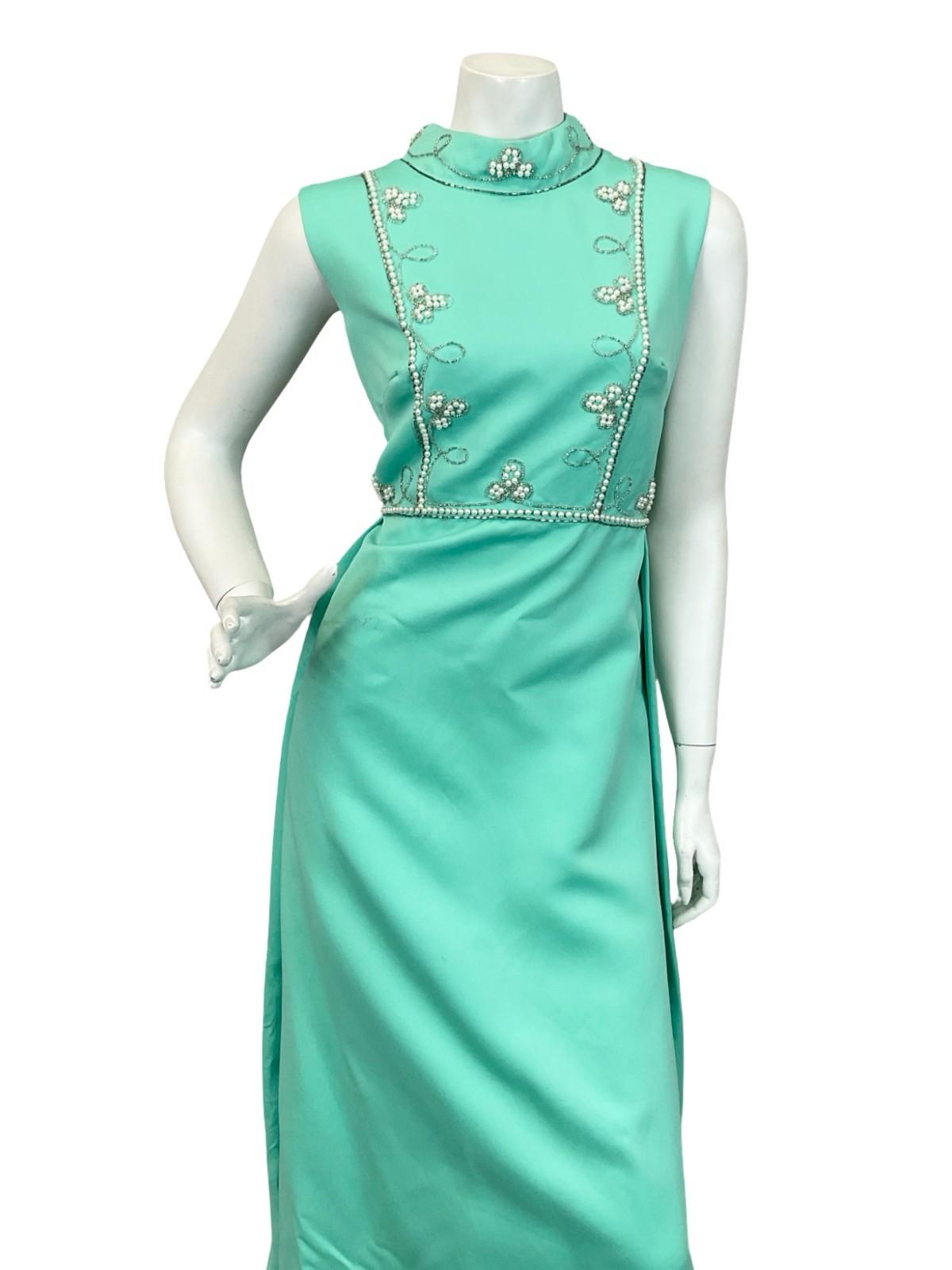 VTG 60S 70S MINT GREEN AQUA PEARL SILVER EMBELLISHED MOD EVENING MAXI DRESS 12