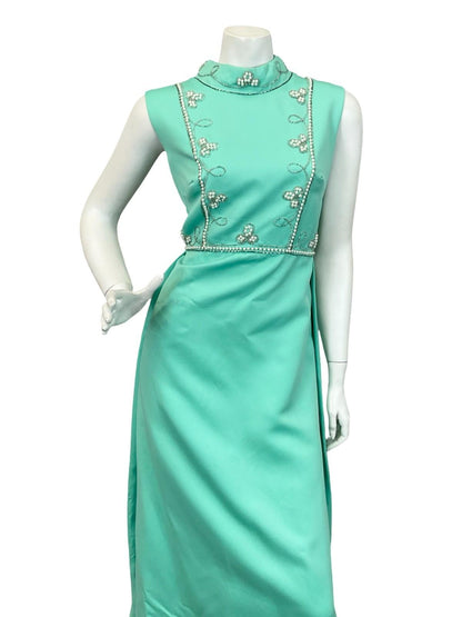 VTG 60S 70S MINT GREEN AQUA PEARL SILVER EMBELLISHED MOD EVENING MAXI DRESS 12
