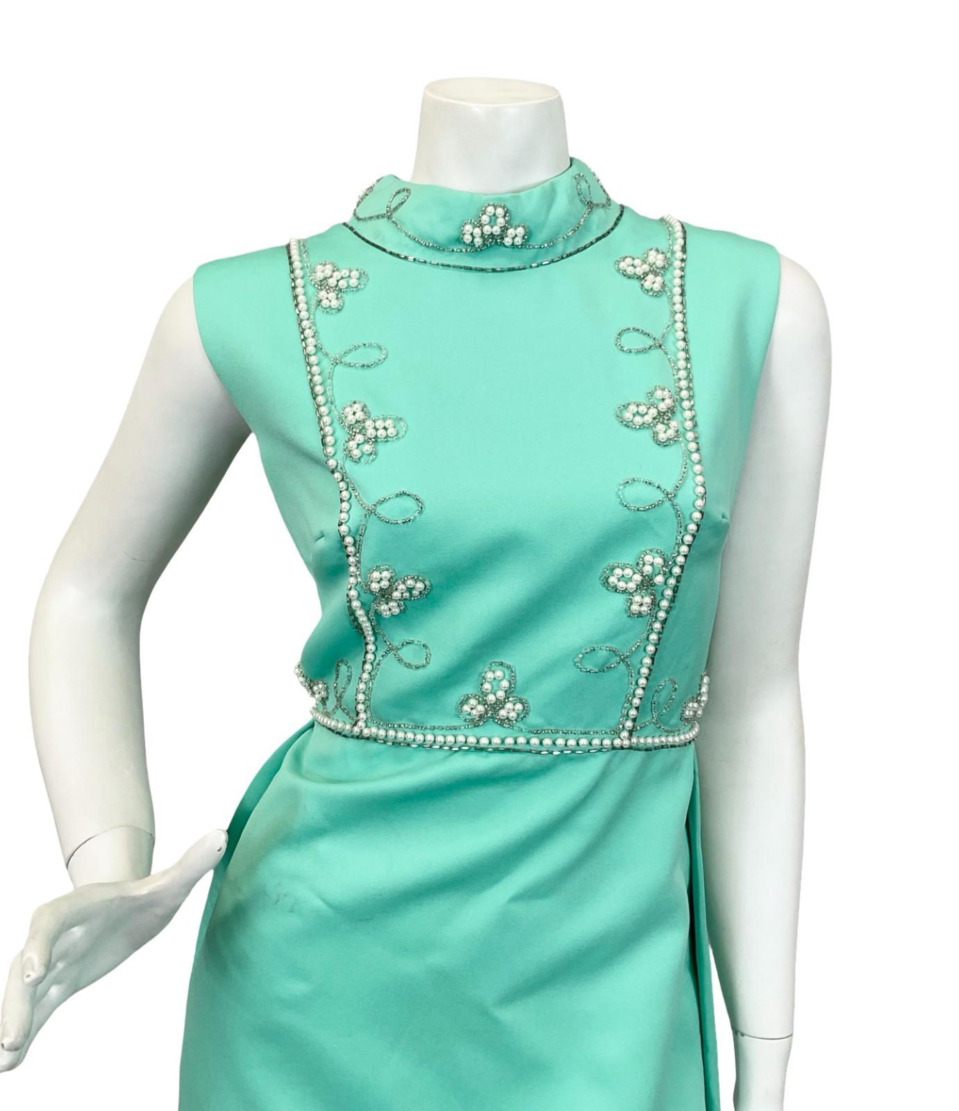 VTG 60S 70S MINT GREEN AQUA PEARL SILVER EMBELLISHED MOD EVENING MAXI DRESS 12