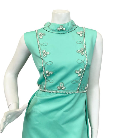 VTG 60S 70S MINT GREEN AQUA PEARL SILVER EMBELLISHED MOD EVENING MAXI DRESS 12